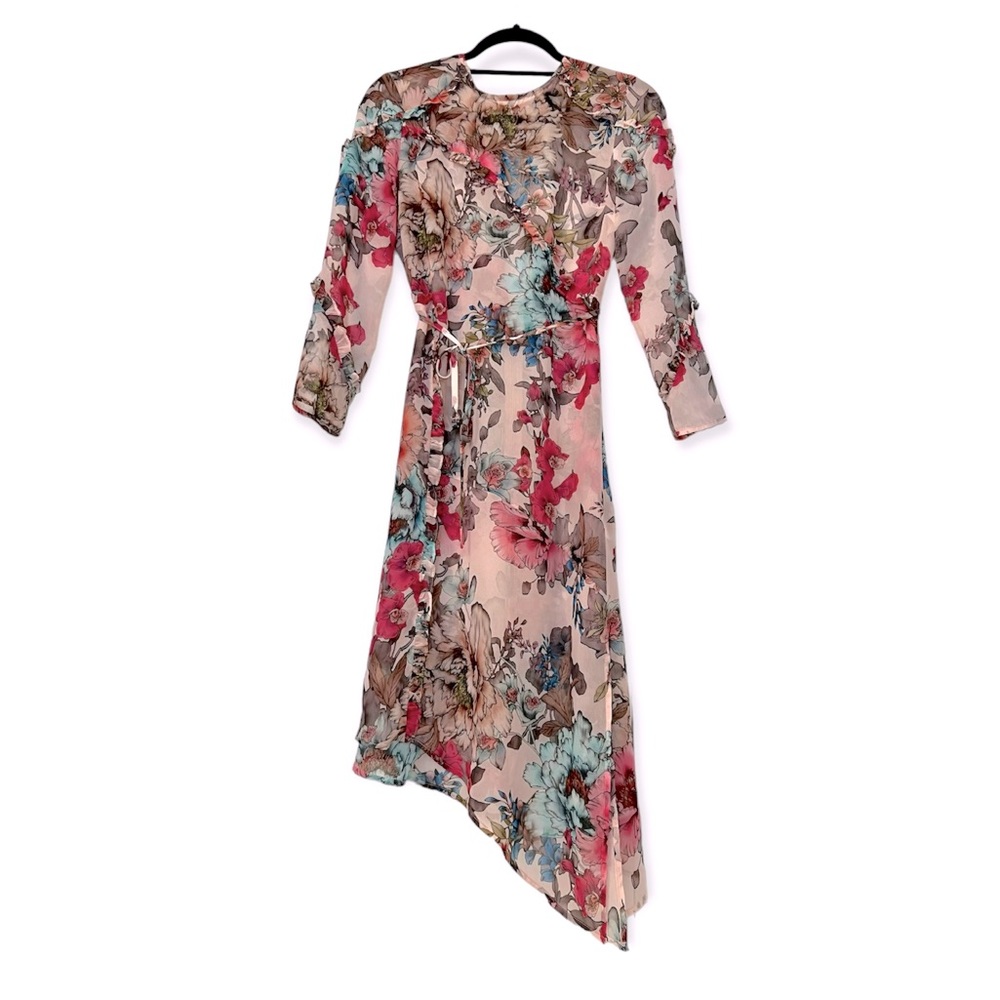 Topshop Asymmetrical Sheer Ruffle Floral Longsleeve Dress Size 4